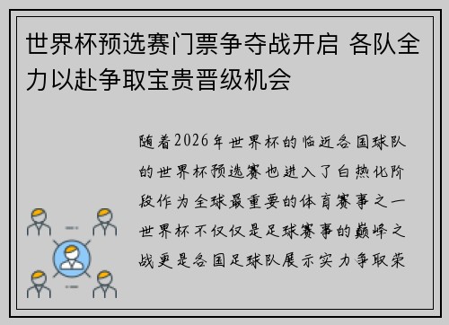 世界杯预选赛门票争夺战开启 各队全力以赴争取宝贵晋级机会